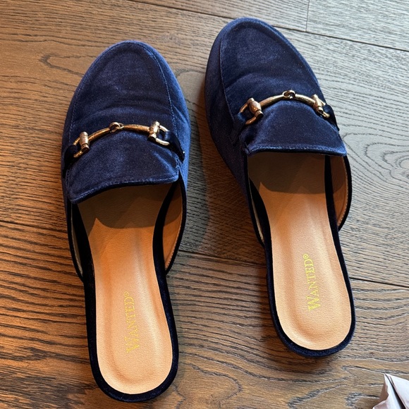 Wanted Womens Navy Velvet Slip-On Loafers - Picture 3 of 7